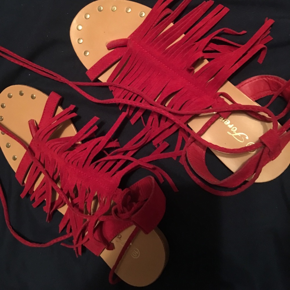 fringe lace up t strap sandals (worn once) Sz 10